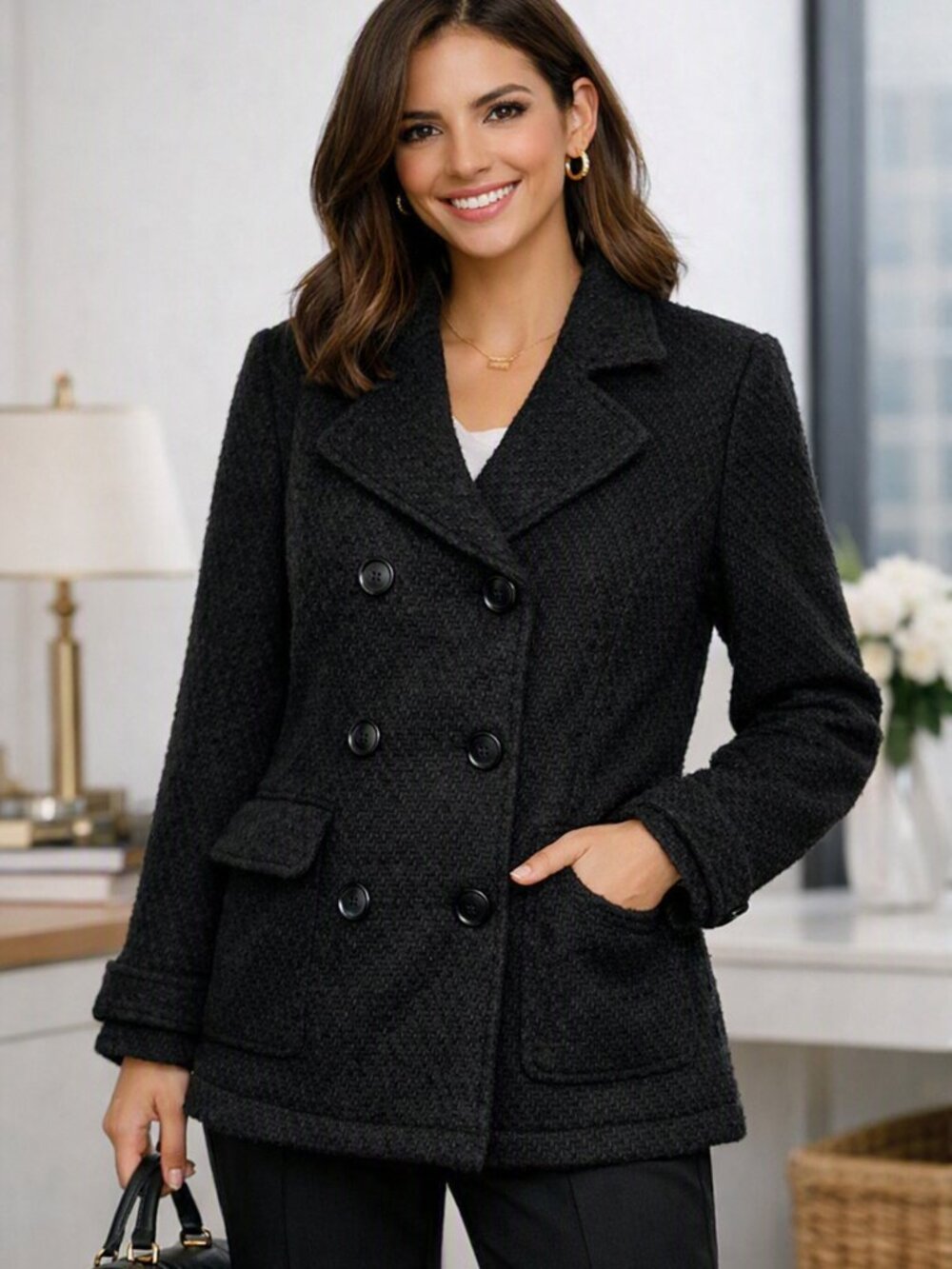 BloomChic Black Tweed Peacoat – Double‑Breasted Career Jacket with Classic Lapel
